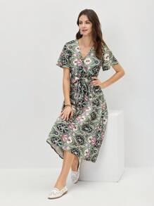 Miaspire 女士花卉印花腰结短袖中长连衣裙，适合度假