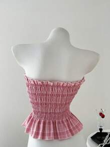 Elamini Women Summer Strapless Frill Trim Bowknot Form-Fitting Crop Top - Pink - View 2