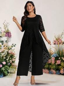 Cravure 大码女式两件套：蕾丝边前短后长中袖上衣和松紧腰紧身裤 - 黑色 - 查看 6