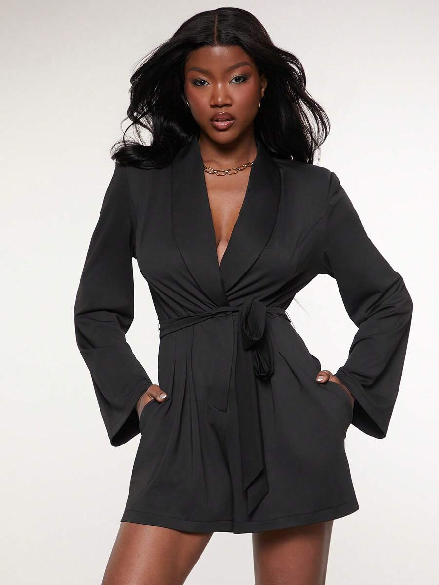 SHEIN Unity Elegant Black Autumn Long Sleeve Blazer Jumpsuit For Women,Pleated Flowy Wrap Night Out Outfits,Business Office Teacher Modest Casual NYE Christmas - Black - View 1