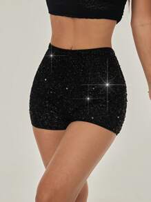 SHEIN PETITE Women's Solid Color Sequin Elegant Fitted Shorts - Black - View 4