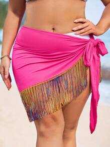 Swim Lushoire Plus Size Women Vacation Fringe Hem Cover-Up And Mini Skirt Set For Summer - Multicolor - View 5