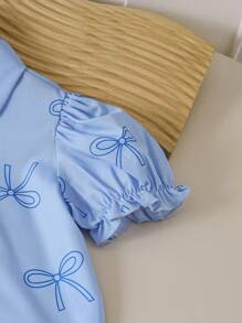 SHEIN Genkimix Kids 2 件套年轻女孩蝴蝶结印花短款泡泡袖上衣和裤子 - 彩色 - 查看 4
