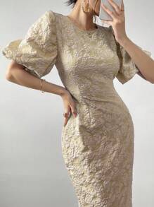 Modelyn Women Lantern Sleeve Solid Color Simple And Elegant Dress Maxi Women Outfit - Apricot - View 3