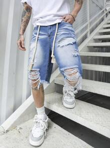 Manfinity Roughcore 男式宽松棉质破洞毛边牛仔短裤，emo 风格