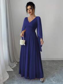 Elenzga Vestido elegante y romántico para mujer con cuello en V, manga larga y cordón en la cintura