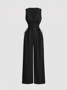 SHEIN MOD 女士黑色西装背心配领带连体裤，休闲商务连体裤（配腰带），连体裤 - 黑色 - 查看 1