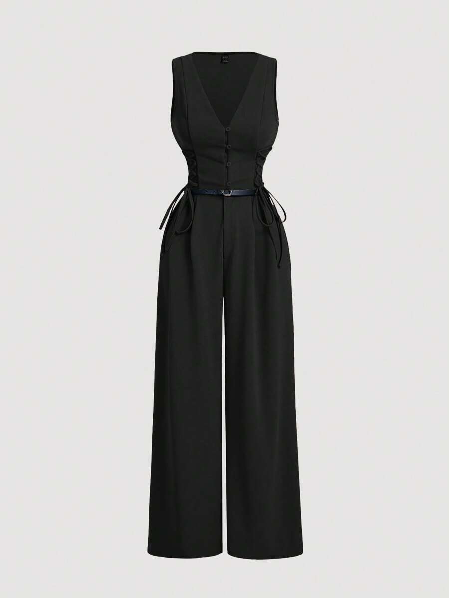 SHEIN MOD 女士黑色西装背心配领带连体裤，休闲商务连体裤（配腰带），连体裤 - 黑色 - 查看 1