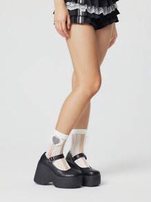 ROMWE Kawaii 1 Paio di calze lunghe versatili da donna con decorazioni in cristallo a cuore bianco a quadri e a pois nere a onde, traspiranti, adatte per tutte le stagioni