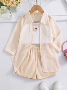 SHEIN Ragazza giovane, completo casual da 3 pezzi composto da blusa a maniche lunghe monocromatica, top a canotta e pantaloncini