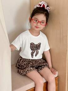 DAZY Bộ 2 món/Bộ áo len cổ tròn thêu họa tiết da báo cho bé gái, trang phục mùa hè cho bé gái - Màu be - Xem 1