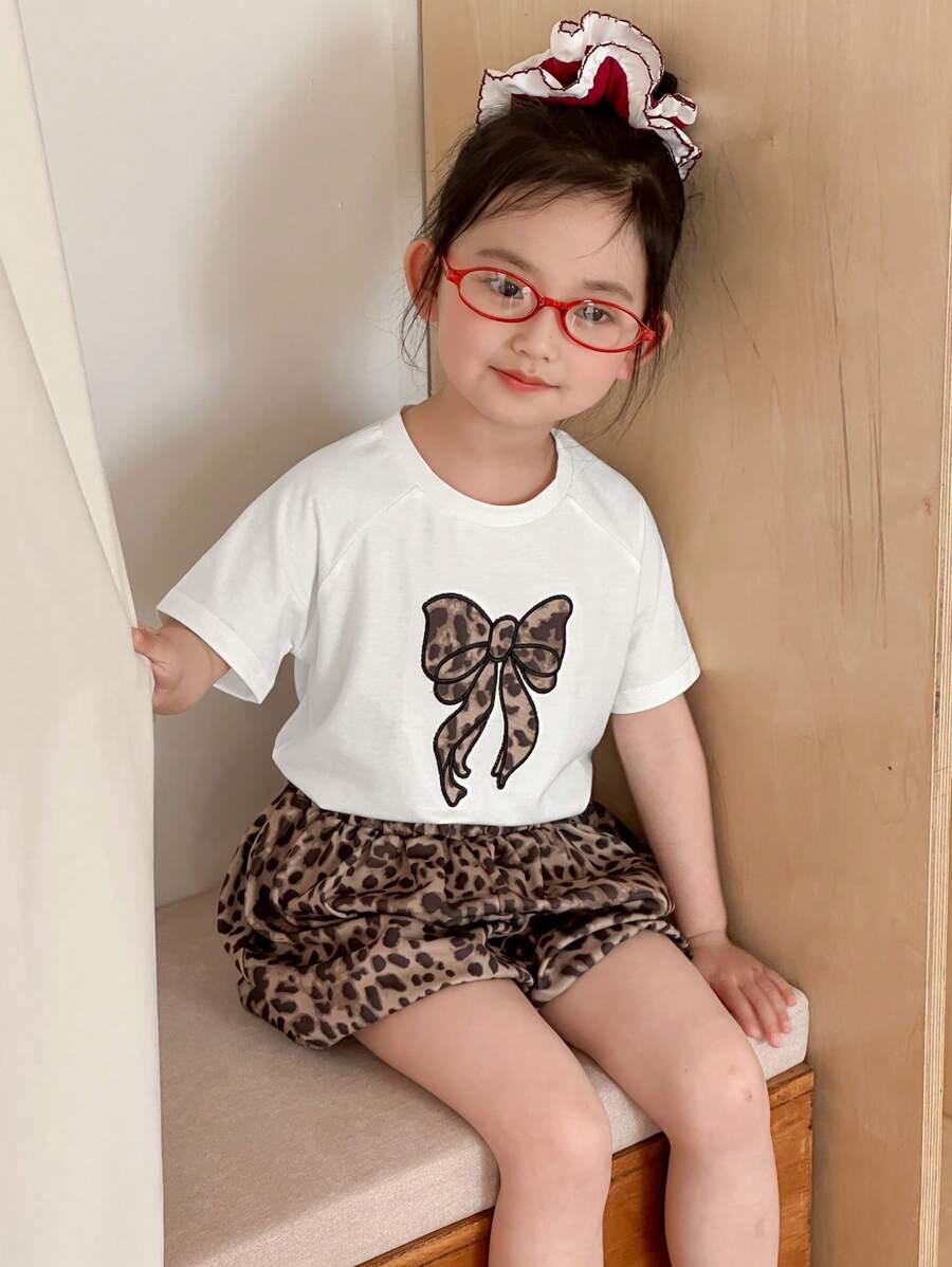 DAZY Bộ 2 món/Bộ áo len cổ tròn thêu họa tiết da báo cho bé gái, trang phục mùa hè cho bé gái - Màu be - Xem 1