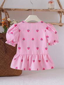 SHEIN Young Girl Strawberry Stripe Print Cute Puff Sleeve Blouse,Holiday,Summer, Travel - Hot Pink - View 2