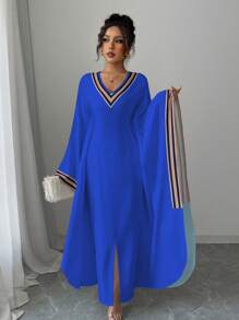 Elenzga V-Neck Long Asymmetrical Hem Printed Dress For Women - Blue - View 5