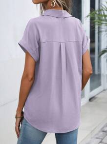 EMERY ROSE Plain Front Button Casual Short Sleeve Shirt, Versatile For Summer - Mauve Purple - View 2
