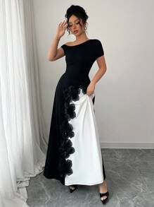 Chiquease Women's Patchwork Oblique Shoulder Waisted Dress - Black and White - View 6