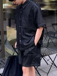 DAZY Summer Solid Blue Men Shirt And Shorts Casual 2 Pieces Set - Blue - View 7