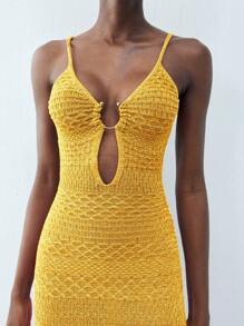 Maija 春夏新款黄色圆形金属纽扣假日优雅现代女式毛衣裙适合外出度假、节日、日常休闲、海滩婚礼、情人节派对穿着老款90年代女装波西米亚风