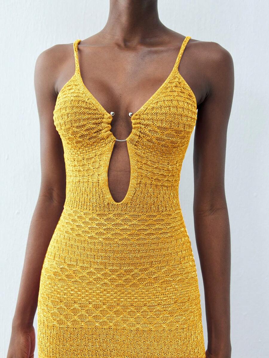 Maija 春夏新款黄色圆形金属纽扣假日优雅现代女式毛衣裙适合外出度假、节日、日常休闲、海滩婚礼、情人节派对穿着老款90年代女装波西米亚风