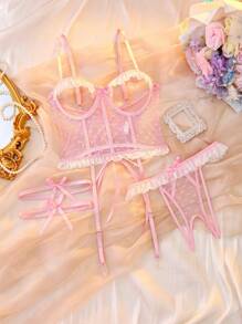 Bộ ren 4 món, bao gồm: Áo crop top, Quần và 2 dây garter chân, Áo ngực không dây, Thiết kế khoét rỗng màu hồng gợi cảm - Hồng - Xem 5