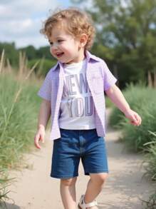 2pcs Set Baby Boys Plaid Lapel Raglan Sleeve Button Up Shirt + Elastic Waist Denim Shorts Outfit, Casual Soft Comfortable Loose Suit For Spring/Summer Wear - Multicolor - View 3