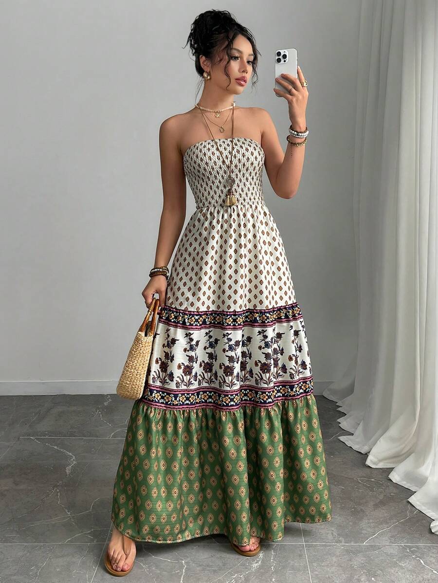 Women Bohemian Style Dress With Bandeau Top, Casual Holiday Wear - Apricot - View 1