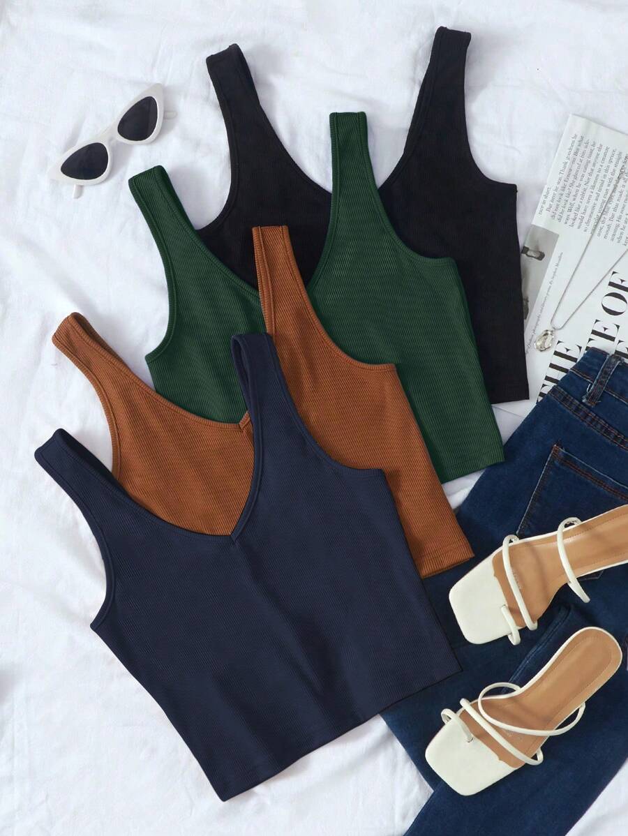 SHEIN Holidaya Áo hai dây cổ chữ V màu trơn đơn giản đa năng cho nữ - Nhiều màu - Xem 1