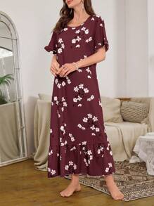 Serenescape Bubble Ruffled Edge Floral Print Long Nightgown Babydoll Luxeloungewear, Moo Moo - Maroon - View 4