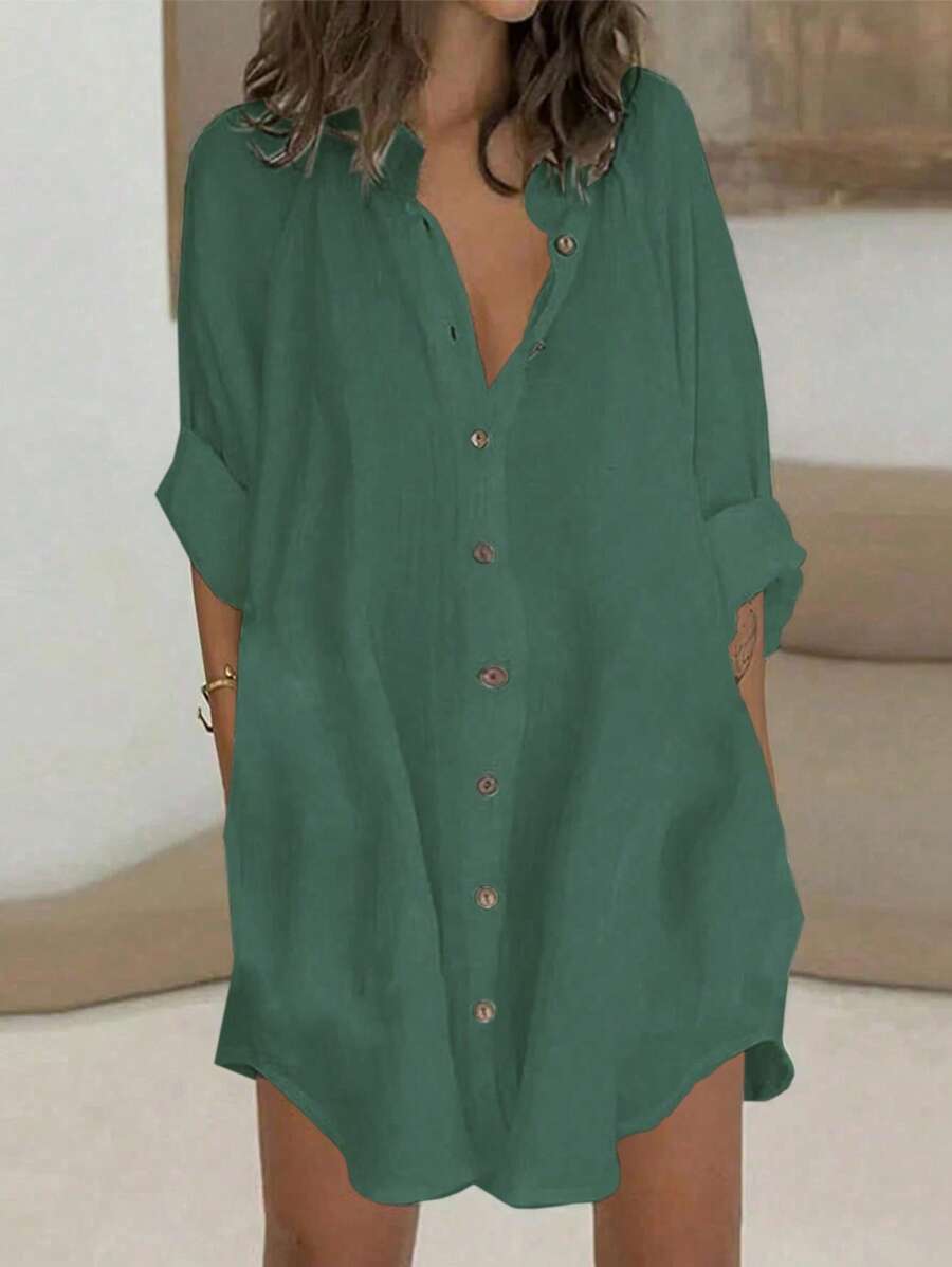 SHEIN LUNE Gaun Wanita Polos Kancing Depan Kasual Saku Lengan Gulung Pakaian Musim Gugur untuk Wanita - Dark Green - View 1