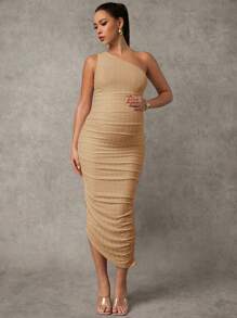 MaterniChic Pregnant Women's Solid Color Sleeveless Ruched Fitted Dress Maternity Dress - Khaki - View 3