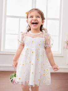 Babygirl Elegant Floral Mesh Short Sleeve Summer Dress - White - View 4