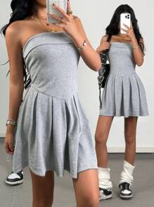 SHEIN Tween 女童春夏休闲抹胸褶皱迷你连衣裙，灰色 - DD - 灰色 - 查看 1