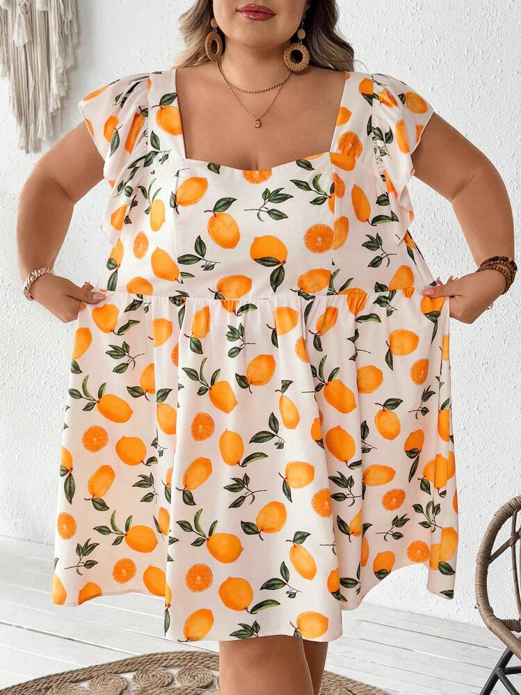 SHEIN CURVE+ Vestido mini de línea A con cuello corazón, mangas abullonadas y estampado de limón para mujer talla grande, estilo de vacaciones bohemio para el verano - Multicolor - Añade 7