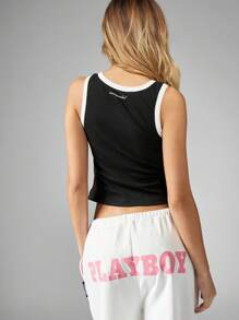 Sleeveless Sports Tank Vest Crop Top Athletic Workout Racerback Contrast Trim Summer Lounge Gym Exercise Top - Black and White - View 2