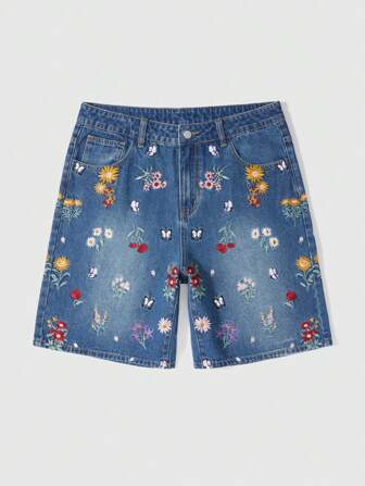 Street Life Men's Floral Embroidery Pocket Relaxed Loose Denim Shorts Jorts