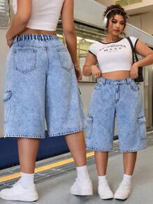 SHEIN ICON Pantalones cargo de mezclilla lavada con pierna recta y holgada, con bolsillos grandes