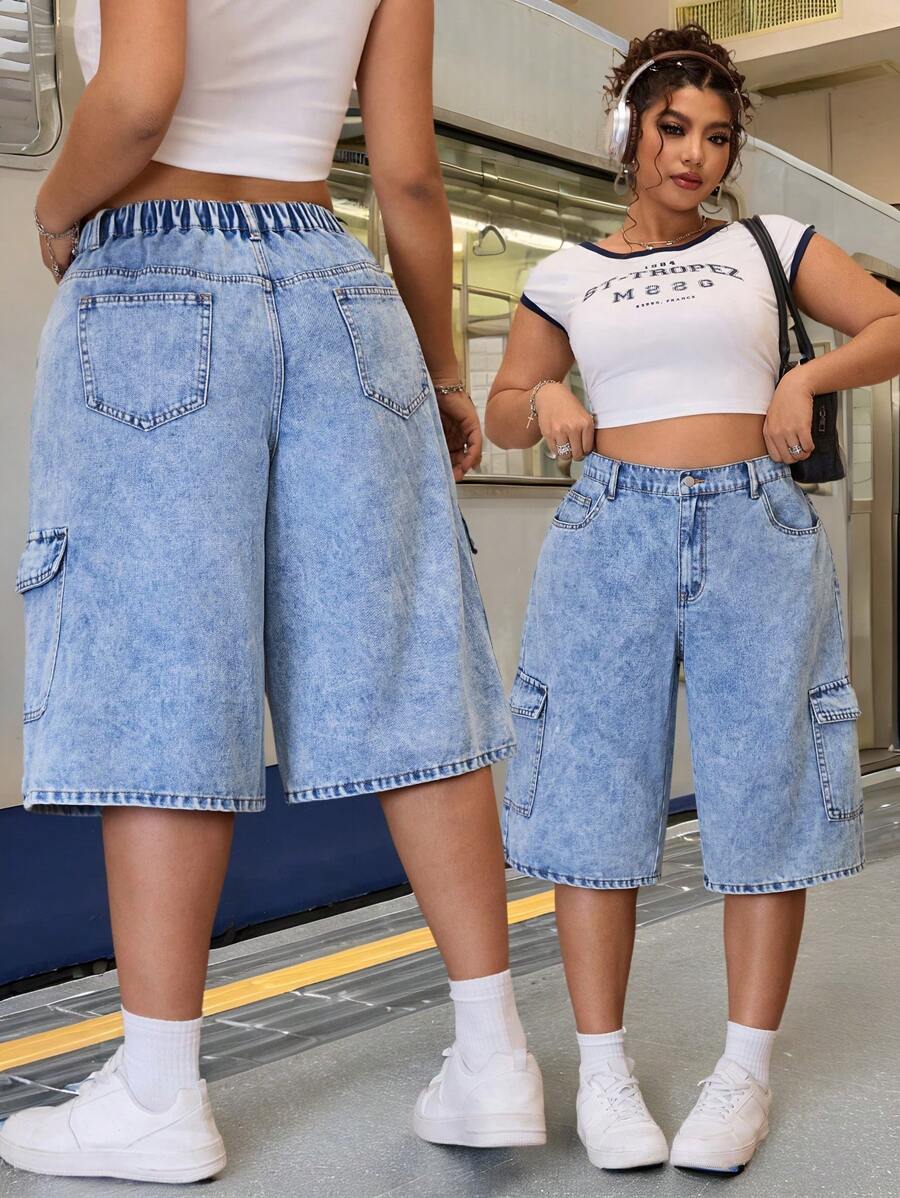 SHEIN ICON Pantalones cargo de mezclilla lavada con pierna recta y holgada, con bolsillos grandes