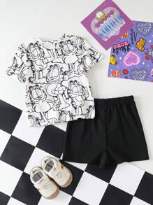 GARFIELD | SHEIN 2pcs Baby Boy Knitted Cartoon Cat Print Round Neck T-Shirt And Shorts Set - Black and White - View 2