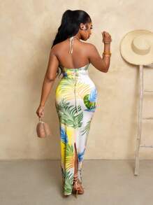 BamGleam Vestido feminino com estampa de planta tropical vazado e sexy com decote em V, roupa de férias - Multicolorido - Ver 3