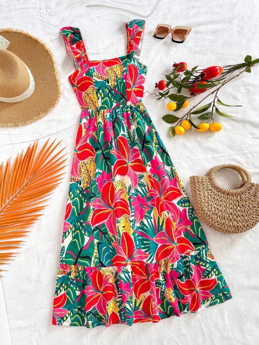 Soleia WYWH 女士花卉印花方领盖袖长款连衣裙，夏季连衣裙 - 粉色 - 查看 1