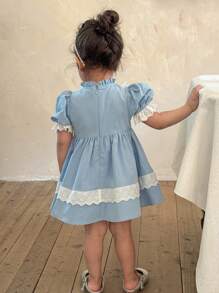 LMoss Kids Baby Girl Woven Contrast Ruffle Trim Balloon Sleeve Casual Dress - Blue - View 2