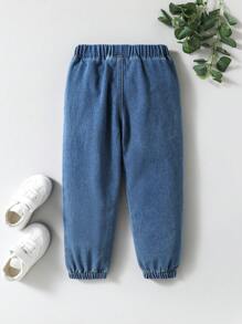 SHEIN Young Boy Elastic Waist Pockets Cuffed Casual Jeans - Dark Wash - View 2