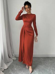 Elenzga Women Solid Satin Ruched Shoulder Party Elegant Long Sleeve Dress With Side Slit Maxi Women Outfit Fall Cloth For Women - Burnt Orange - View 6