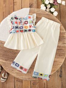 SHEIN 2pcs/Set Young Girl Summer Retro Print & Ruffle Trim Halter Top And Flare Pants Set - Apricot - View 2