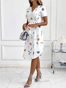 SHEIN Clasi 女士 V 领系带蝴蝶结短袖优雅日常穿着花卉印花中长连衣裙 - 彩色 - 查看 4