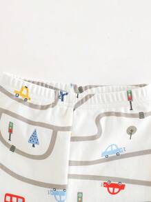 Cozy Pixies Baby Boy Snug Fit Pajamas 2 Pieces Set - Cartoon Car Print Soft Knitted Crew Neck Long Sleeve Top And Elastic Waist Long Pants