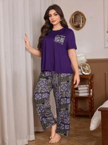 SHEIN Plus Size Women's Style Retro Printed Knit Short Sleeve Top And Long Pants Pajama Set, Suitable For All Seasons, Outfits - Purple - View 6