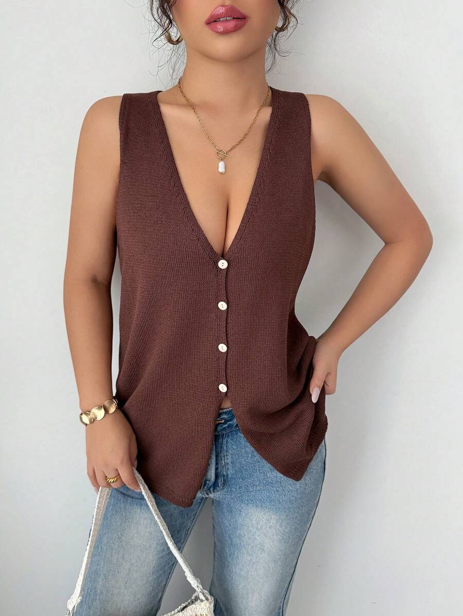 Gloray Women's Solid Color Sleeveless V-Neck Vest, Minimalist Fashion Suitable For Summer