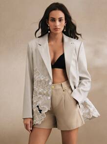 Anewsta Elegant Blue & White Striped Embroidered Slim Fit Women Blazer