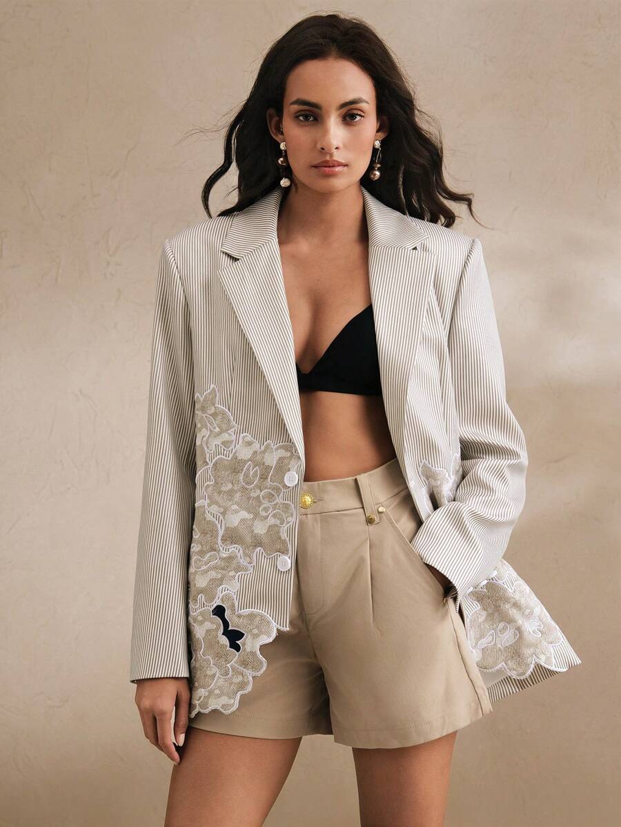 Anewsta Elegant Blue & White Striped Embroidered Slim Fit Women Blazer